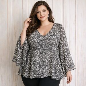 Torrid Floral High Low Blouse 3X Black Tan Bell Sleeve Boho Flowy Top